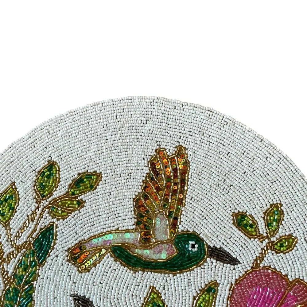 Nicole Miller Glass Beaded Placemat Charger 15in Colorful Bird & Floral NEW